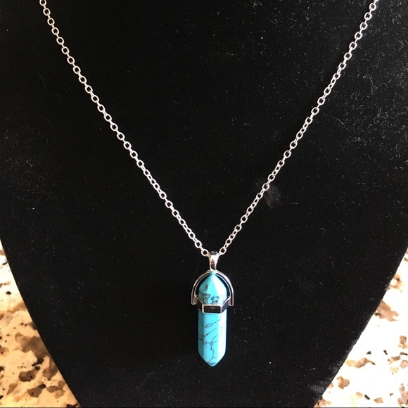 Boho Turquoise Blue Marble  Pendant Necklace with silver chain NWT - Picture 4 of 5